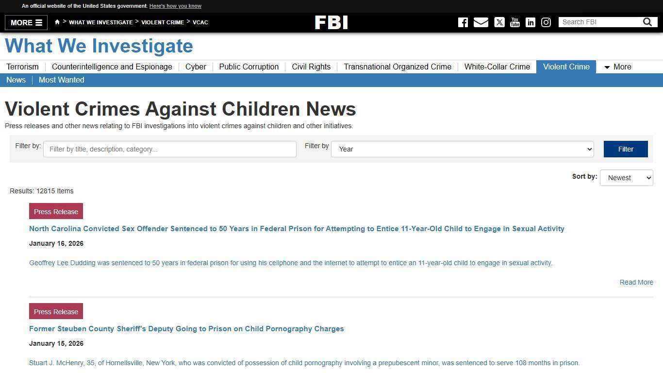 Violent Crimes Against Children News — FBI